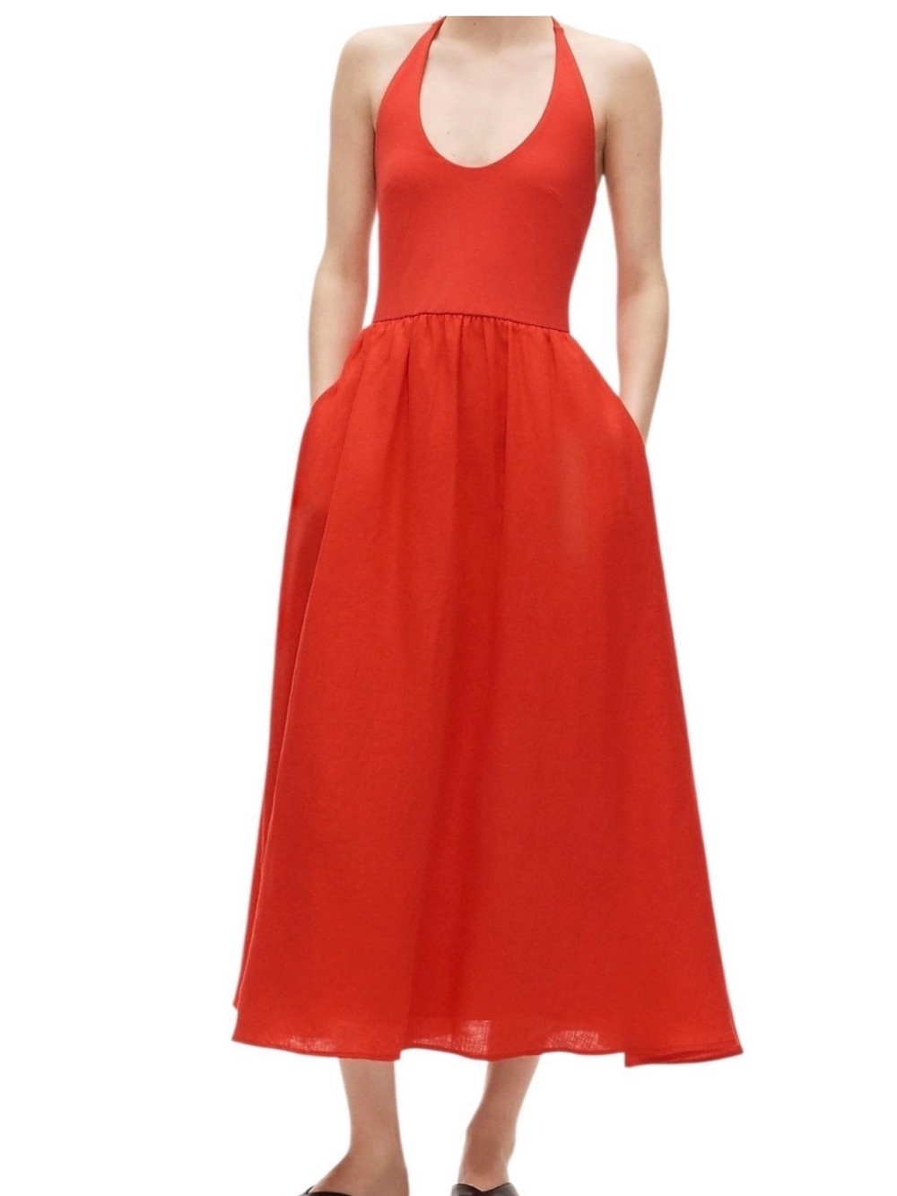 J. Crew Linen Red Halter Maxi Dress with Pockets Medium